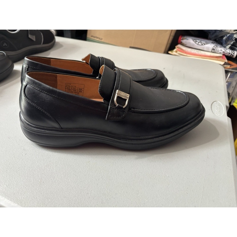 Dr. Comfort Shoes Mens 11.5W John Slip On Loafers Black Leather Round Toe Casual